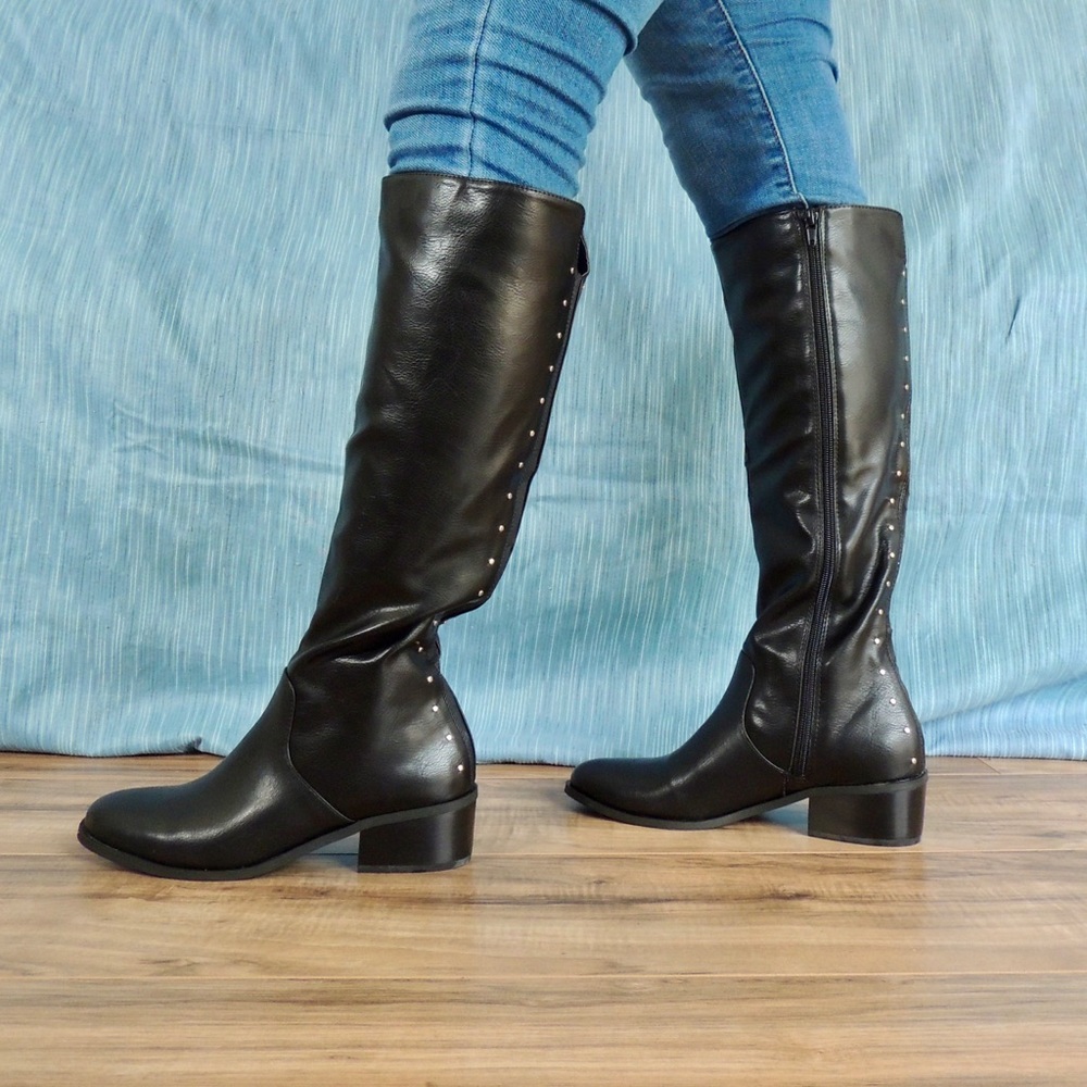 Black Faux Fur Low Heel Boots with Full Side Zip - Picture 9 of 11
